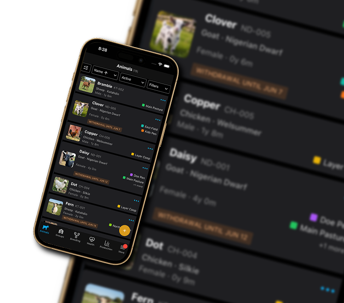 The Anybreed animal list on iPhone, showing cattle, goats, sheep, and chickens
