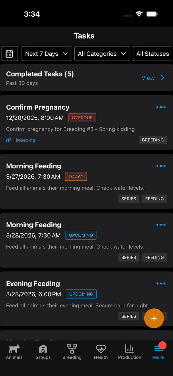 Task list with upcoming actions and reminders